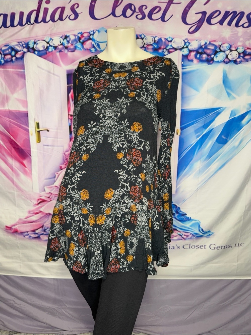 Free People Black Floral Long-Sleeve Tunic with Mustard & Rust Flowers